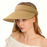 NEW 1 Pieza Sombrero De Sol De Rafia De Pp Ajustable Elastico Para Vacaciones, Playa Y Proteccion Solar