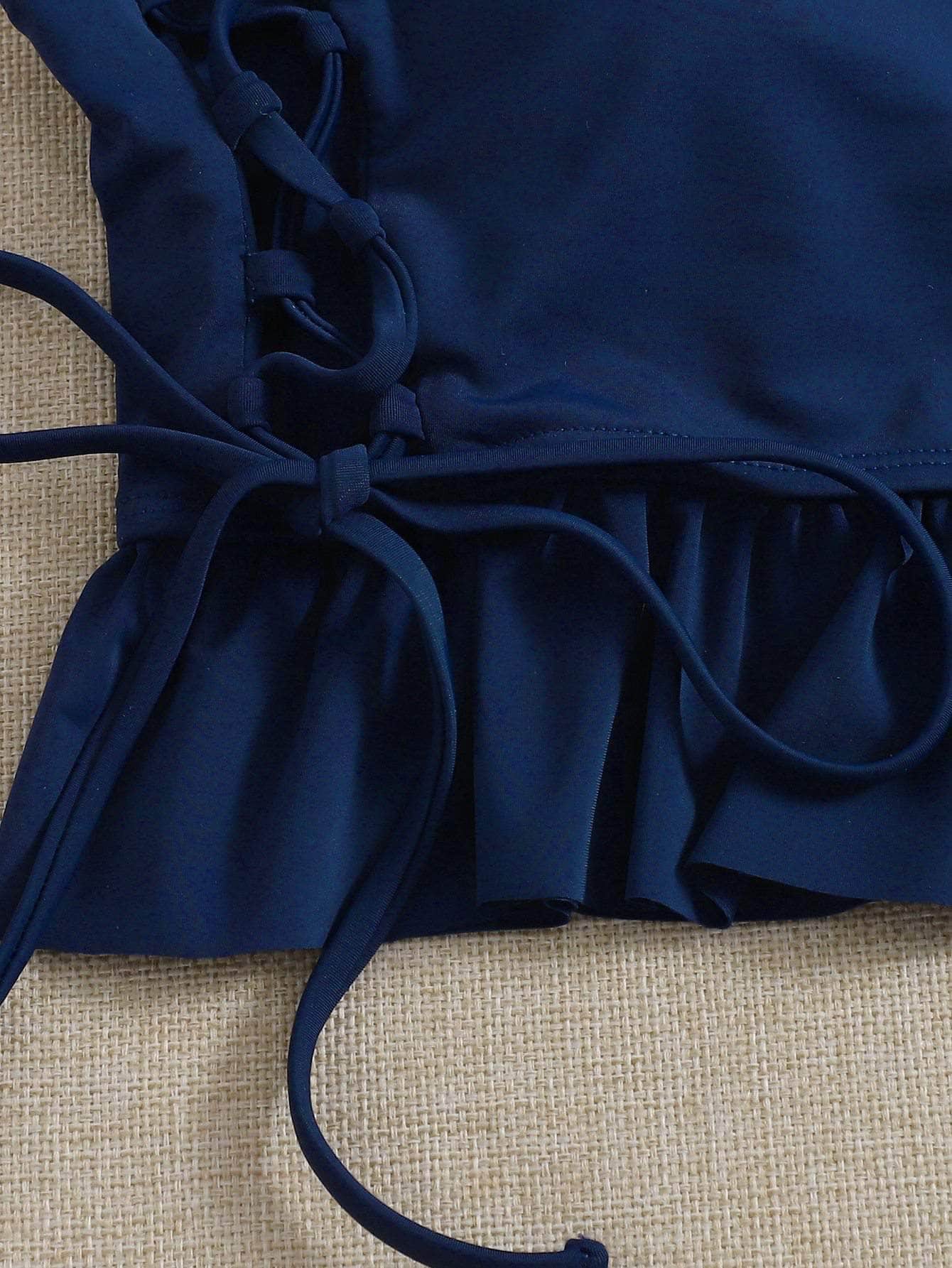 3 piezas vestido de baño bikini bajo fruncido con cordón tropical