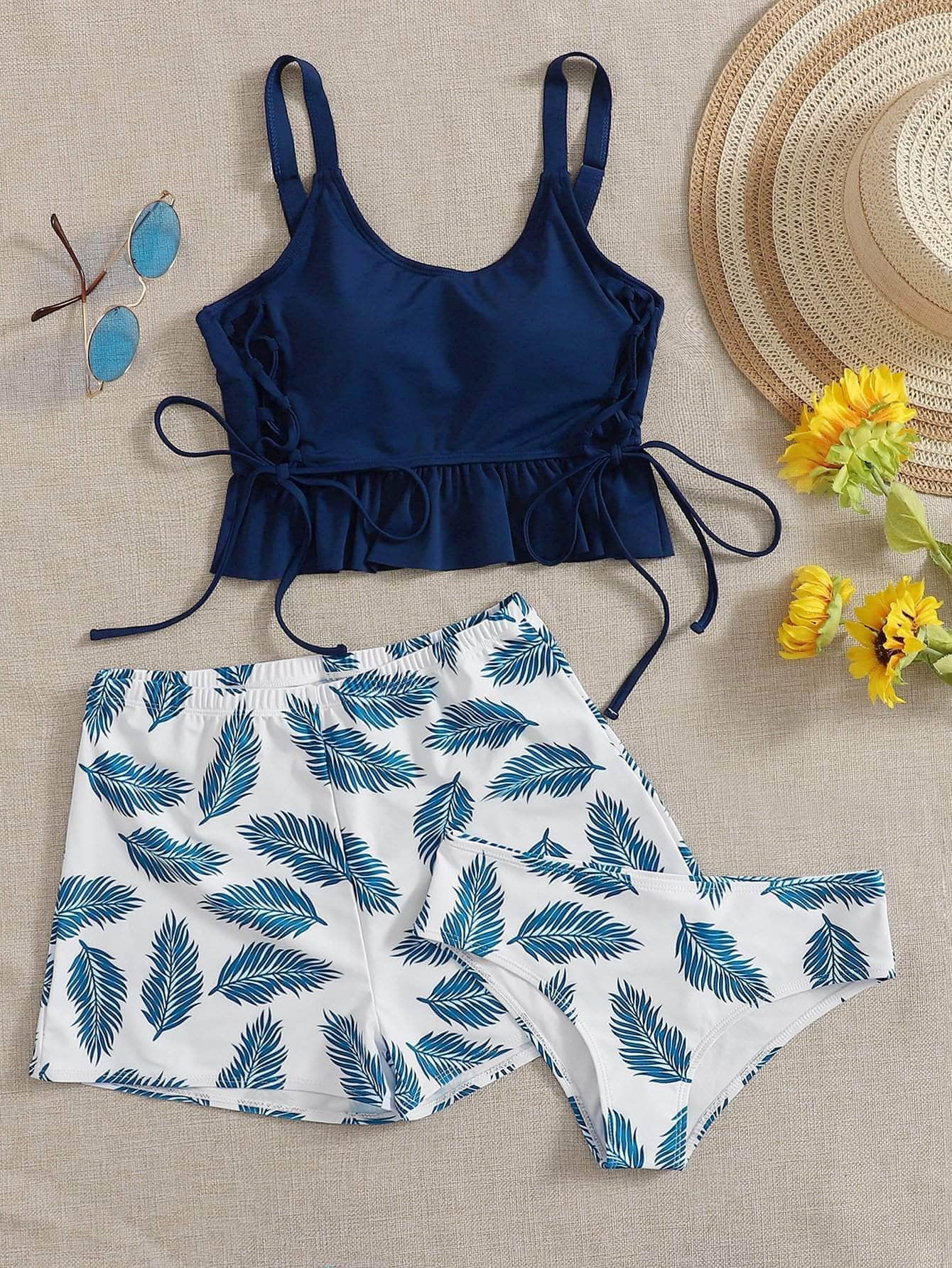 Azul y blanco / M 3 piezas vestido de baño bikini bajo fruncido con cordón tropical