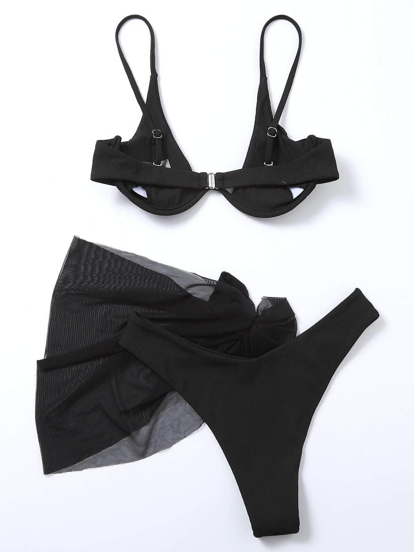 Negro / M 3 piezas vestido de baño bikini con aro con falda de playa
