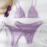 Púrpura malva / XS 3 piezas vestido de baño bikini con cordón lateral triángulo