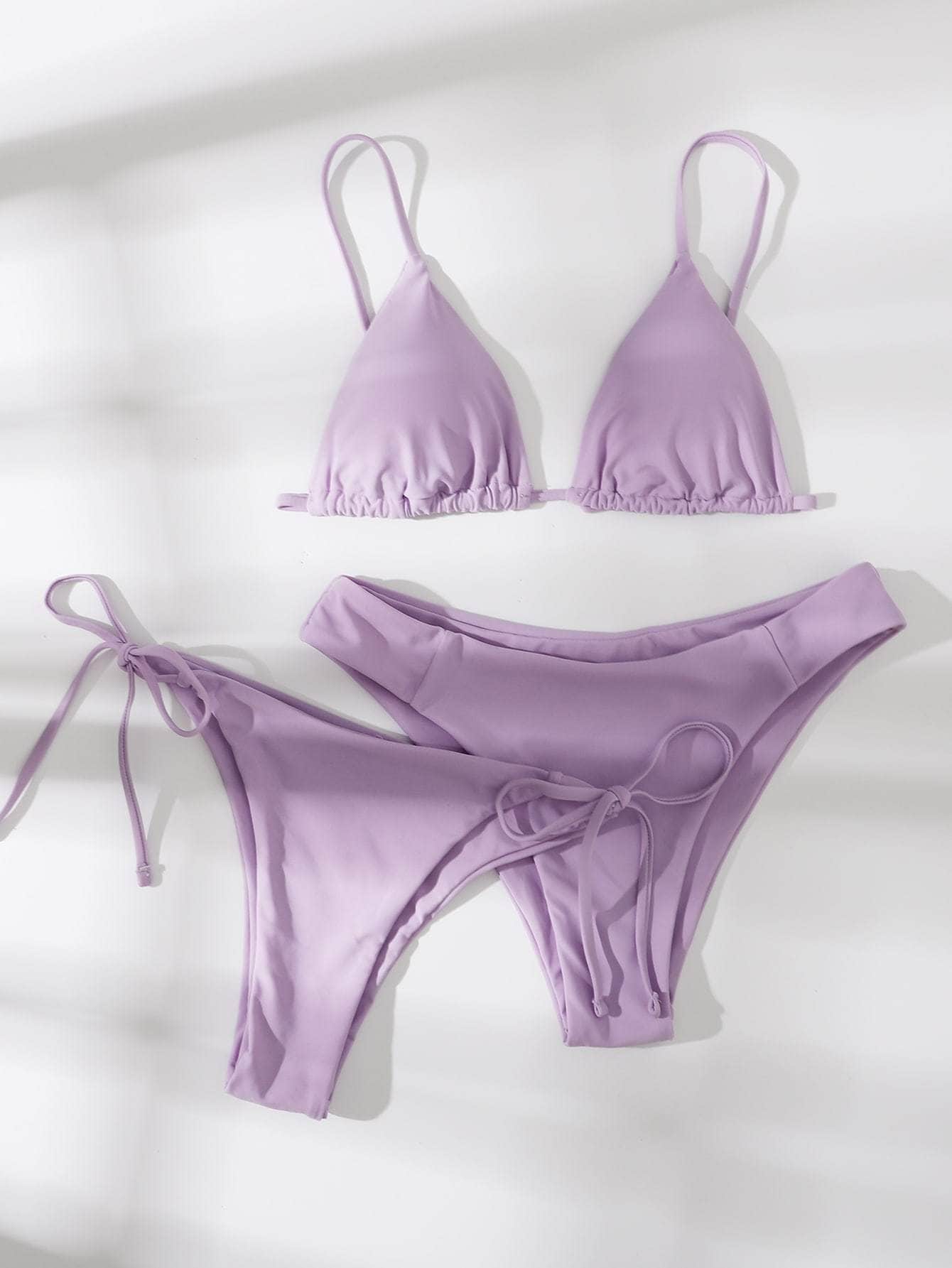 Púrpura malva / M 3 piezas vestido de baño bikini con cordón lateral triángulo