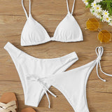 Blanco / XS 3 piezas vestido de baño bikini con cordón lateral triángulo