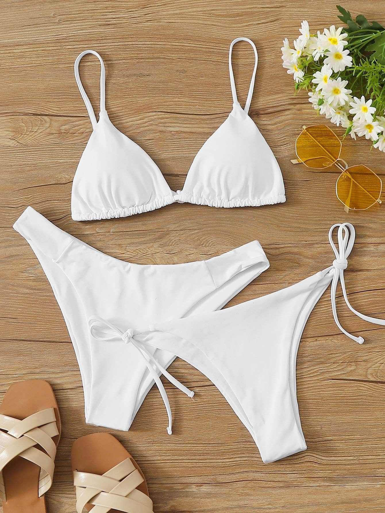 Blanco / XS 3 piezas vestido de baño bikini con cordón lateral triángulo