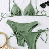 Verde militar / XS 3 piezas vestido de baño bikini con cordón lateral triángulo