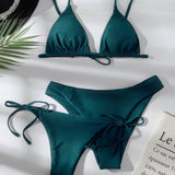 Verde Oscuro / XS 3 piezas vestido de baño bikini con cordón lateral triángulo