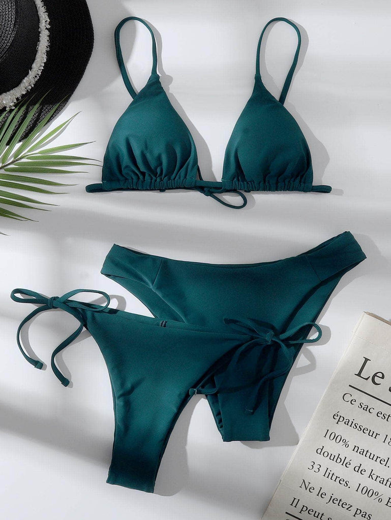 Verde Oscuro / XS 3 piezas vestido de baño bikini con cordón lateral triángulo