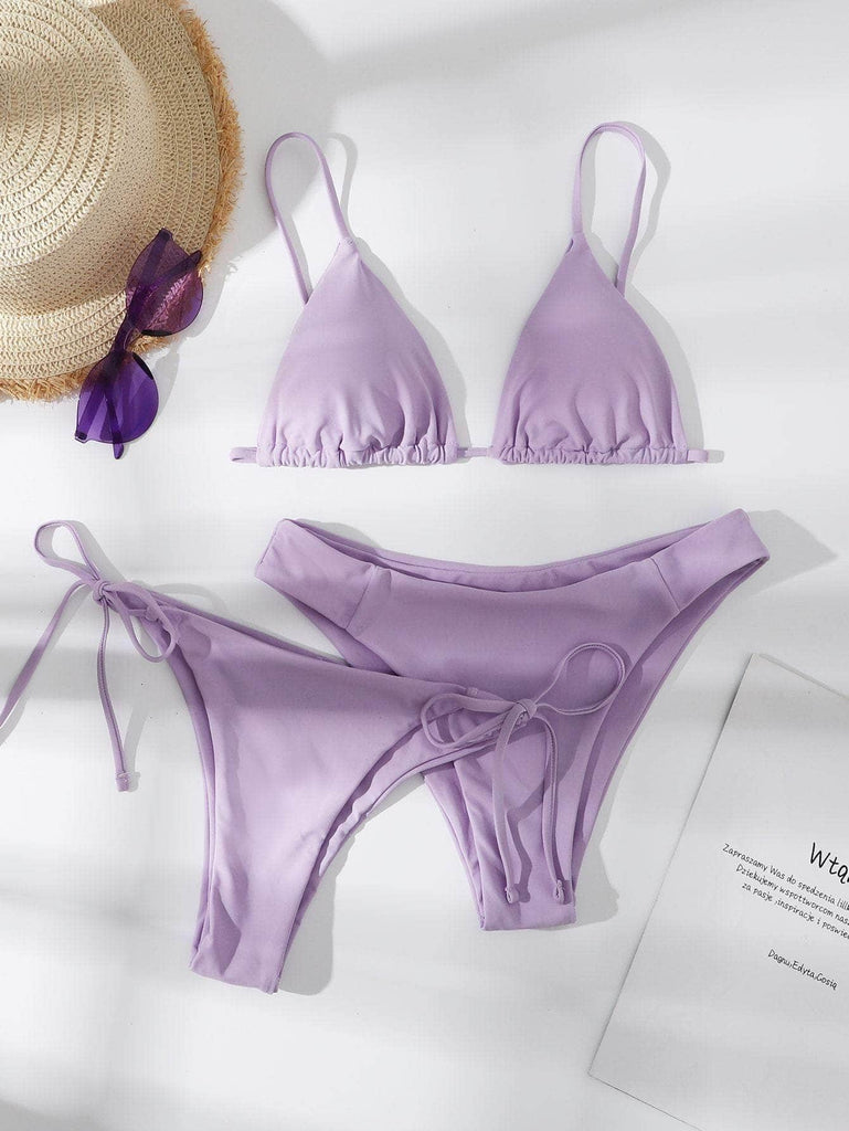 Púrpura malva / XS 3 piezas vestido de baño bikini con cordón lateral triángulo
