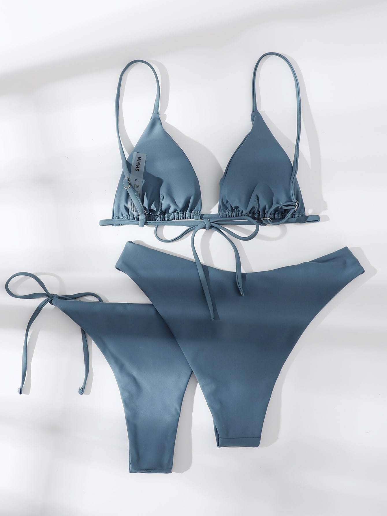 Neblina azul / S 3 piezas vestido de baño bikini con cordón lateral triángulo