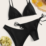 Negro / XS 3 piezas vestido de baño bikini con cordón lateral triángulo