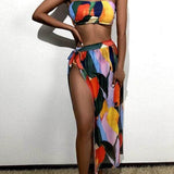 Multicolor1 / S 3 piezas vestido de baño bikini con estampado con falda playera