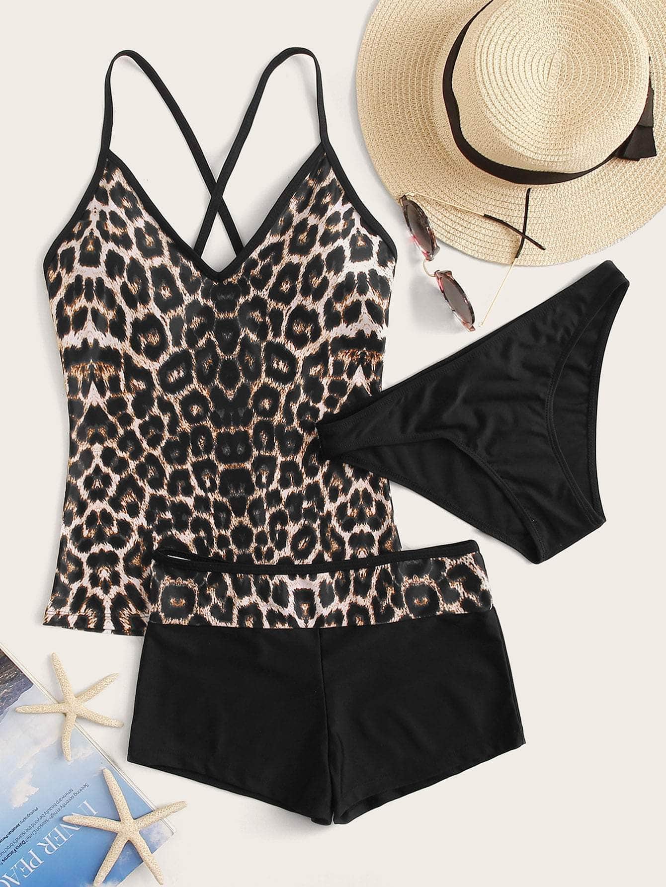 3 piezas vestido de baño bikini con tiras cruzadas de leopardo
