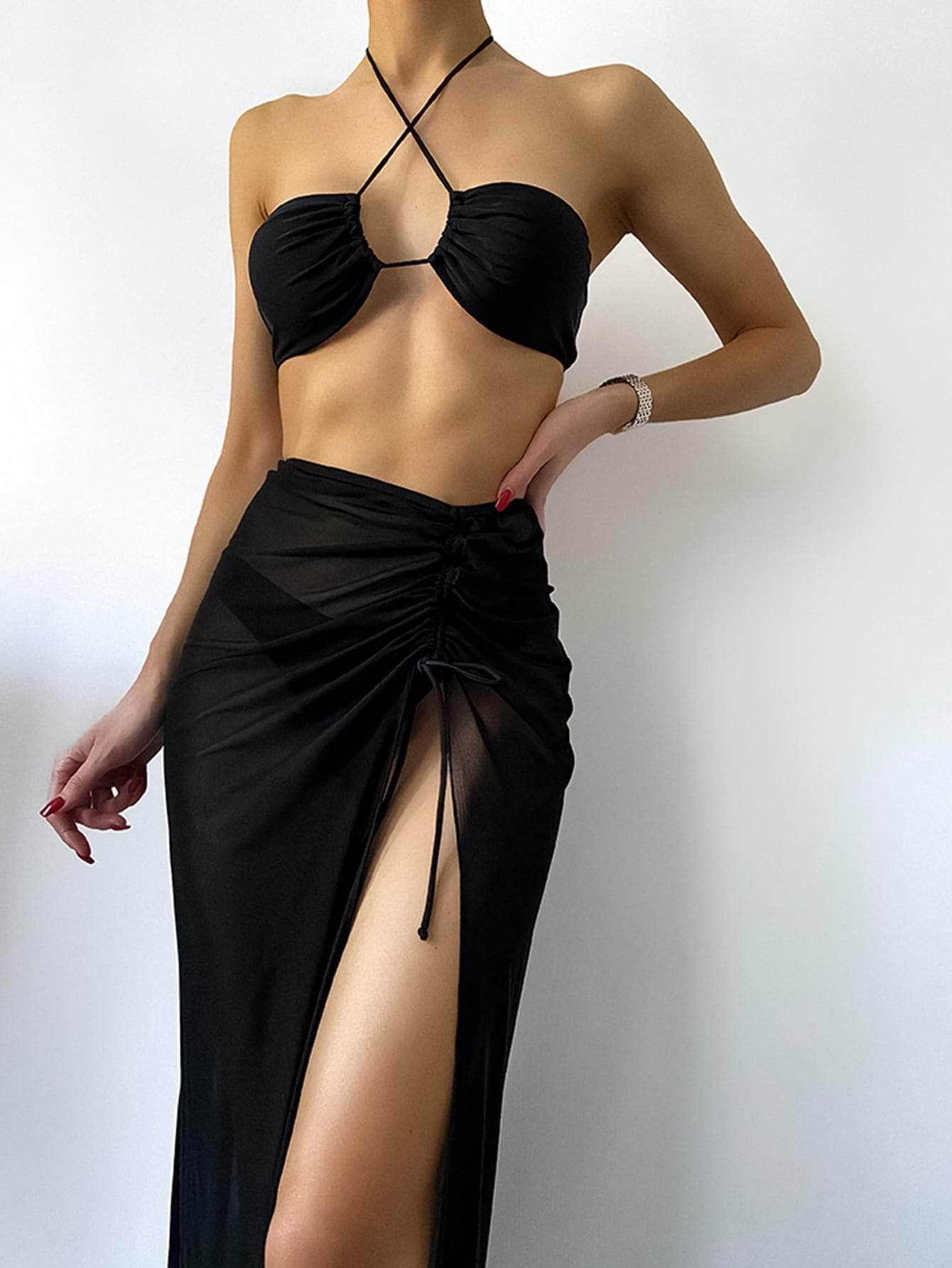 Negro / S 3 piezas vestido de baño bikini cortado alto con falda playera
