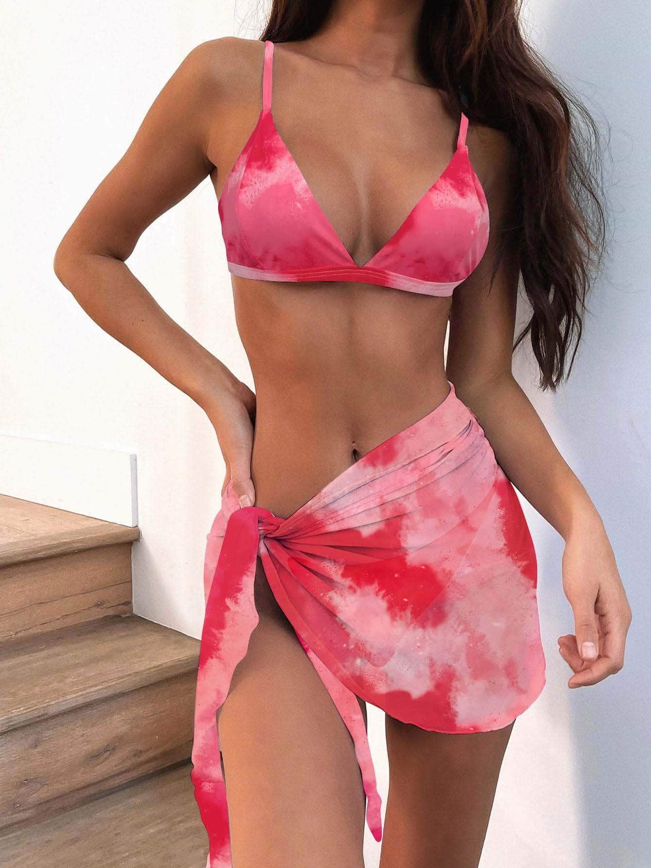 Rojo / L 3 piezas vestido de baño bikini de tie dye con falda pareo