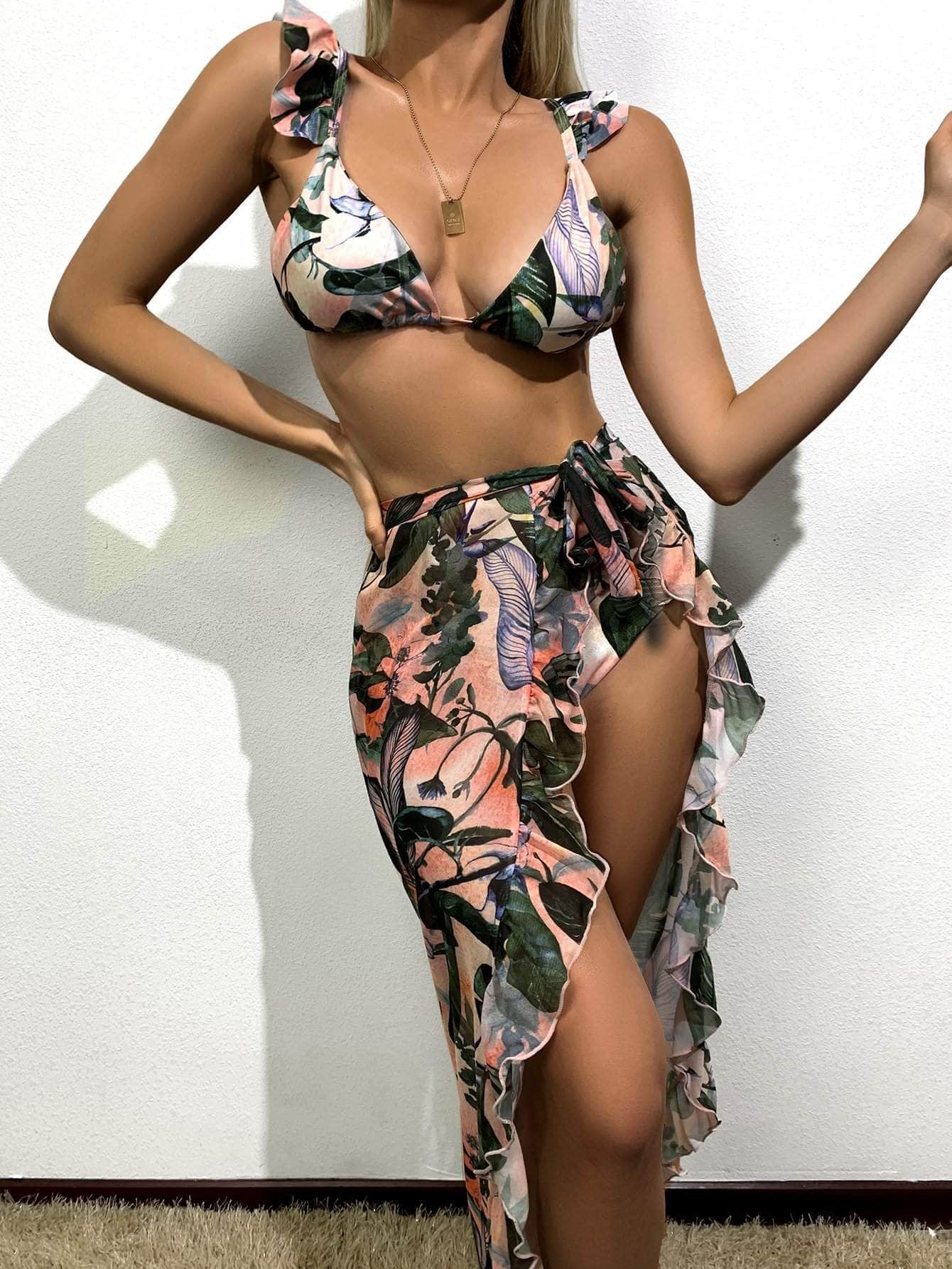 Multicolor / S 3 piezas vestido de baño bikini fruncido tropical con falda de playa