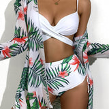 Multicolor 1 / S 3 piezas vestido de baño bikini girante con estampado de planta con kimono