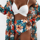 Multicolor / M 3 piezas vestido de baño bikini girante con estampado de planta con kimono
