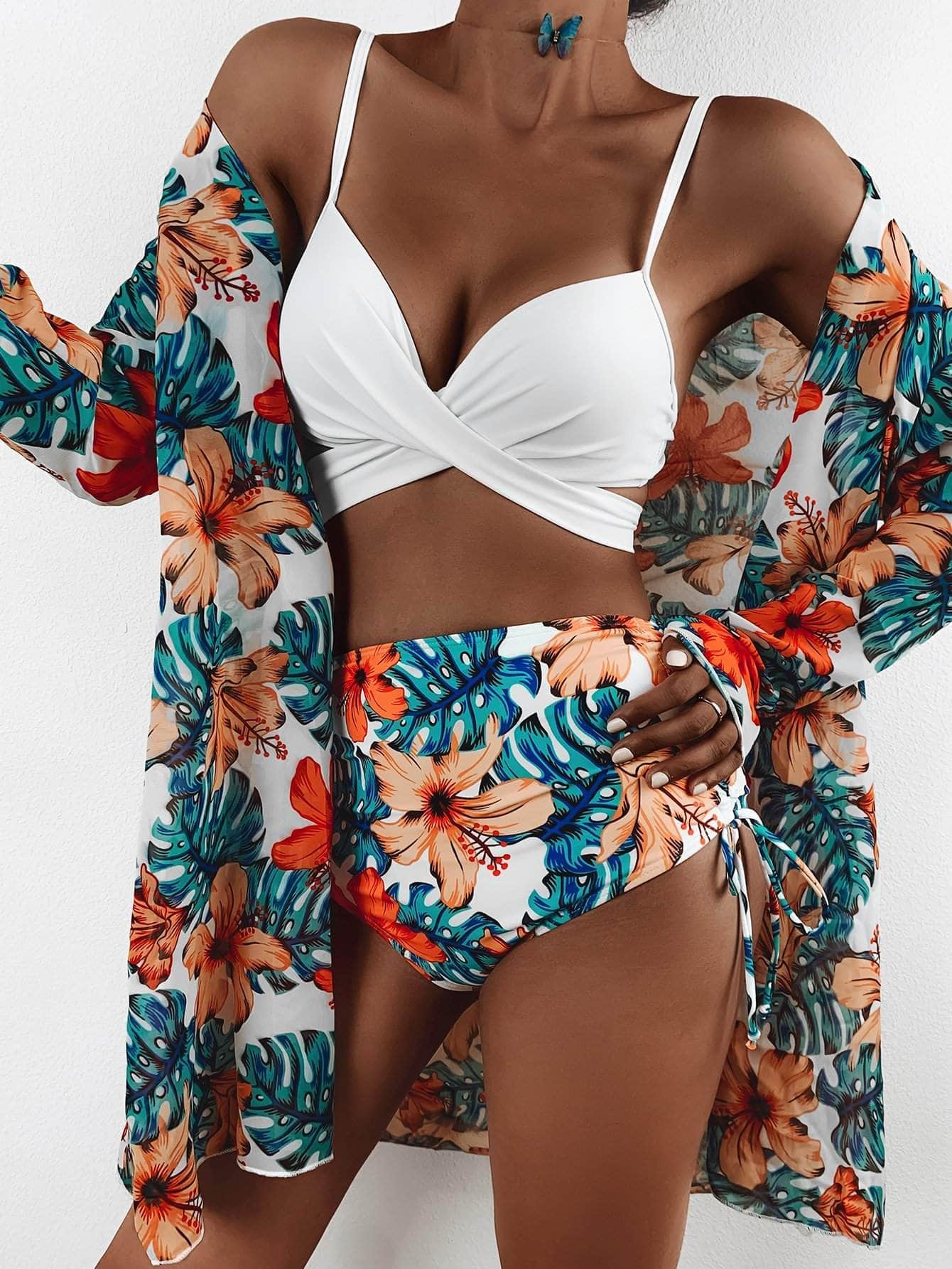 Multicolor / M 3 piezas vestido de baño bikini girante con estampado de planta con kimono