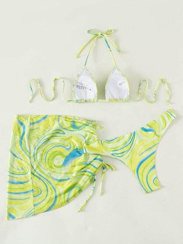 3 piezas vestido de baño bikini halter con estampado con cover up