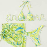 3 piezas vestido de baño bikini halter con estampado con cover up