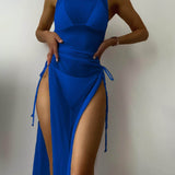 Azul eléctrico / S 3 piezas vestido de baño bikini halter triángulo con malla