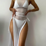 Blanco / M 3 piezas vestido de baño bikini halter triángulo con malla
