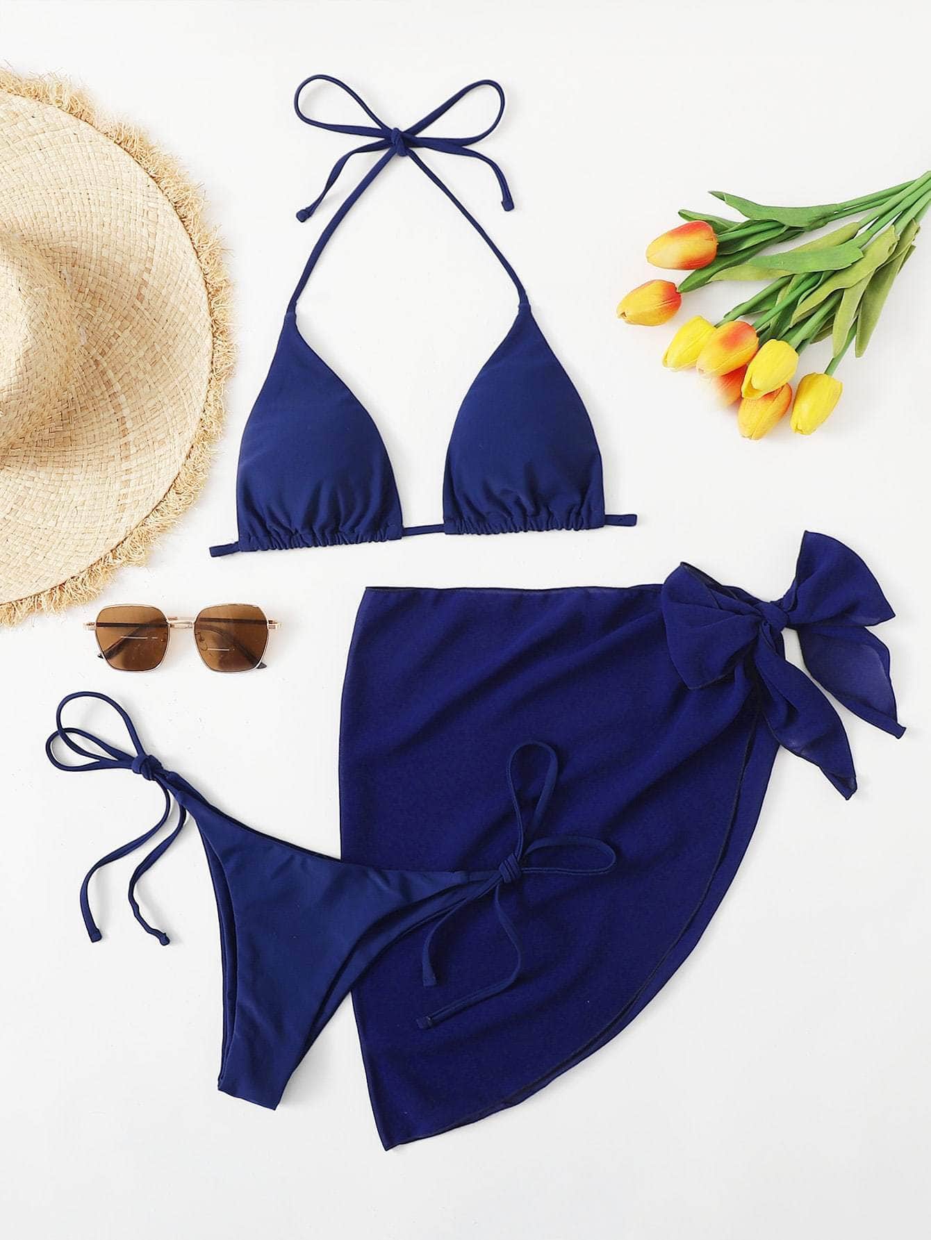 Azul / S 3 piezas vestido de baño bikini triángulo de tie dye con falda de playa