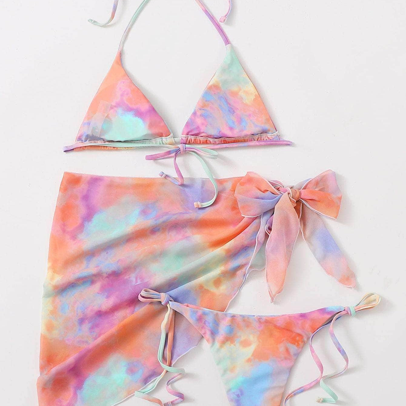 Multicolor / M 3 piezas vestido de baño bikini triángulo de tie dye con falda de playa