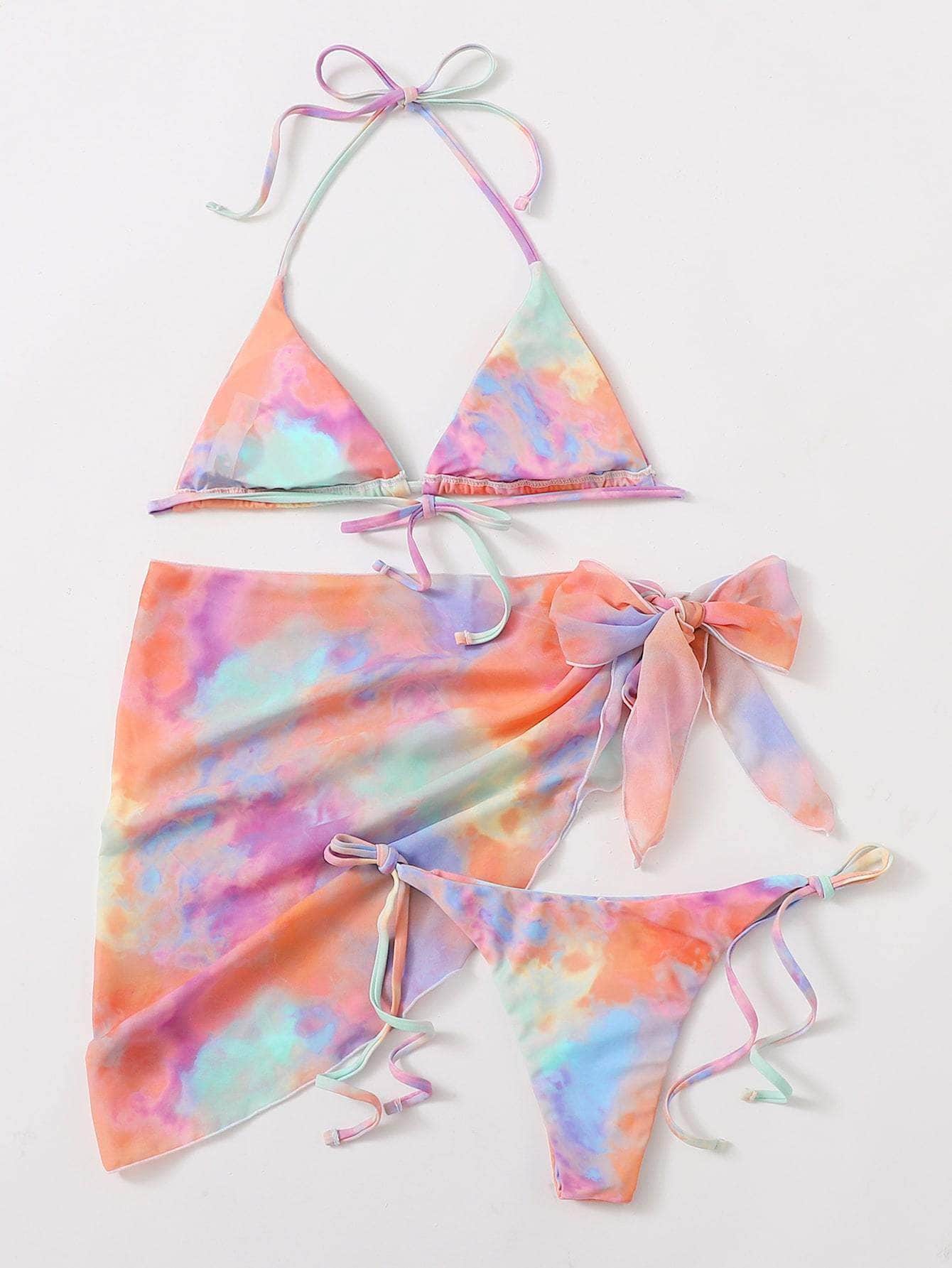 Multicolor / M 3 piezas vestido de baño bikini triángulo de tie dye con falda de playa