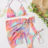Multicolor / S 3 piezas vestido de baño bikini triángulo de tie dye con falda de playa