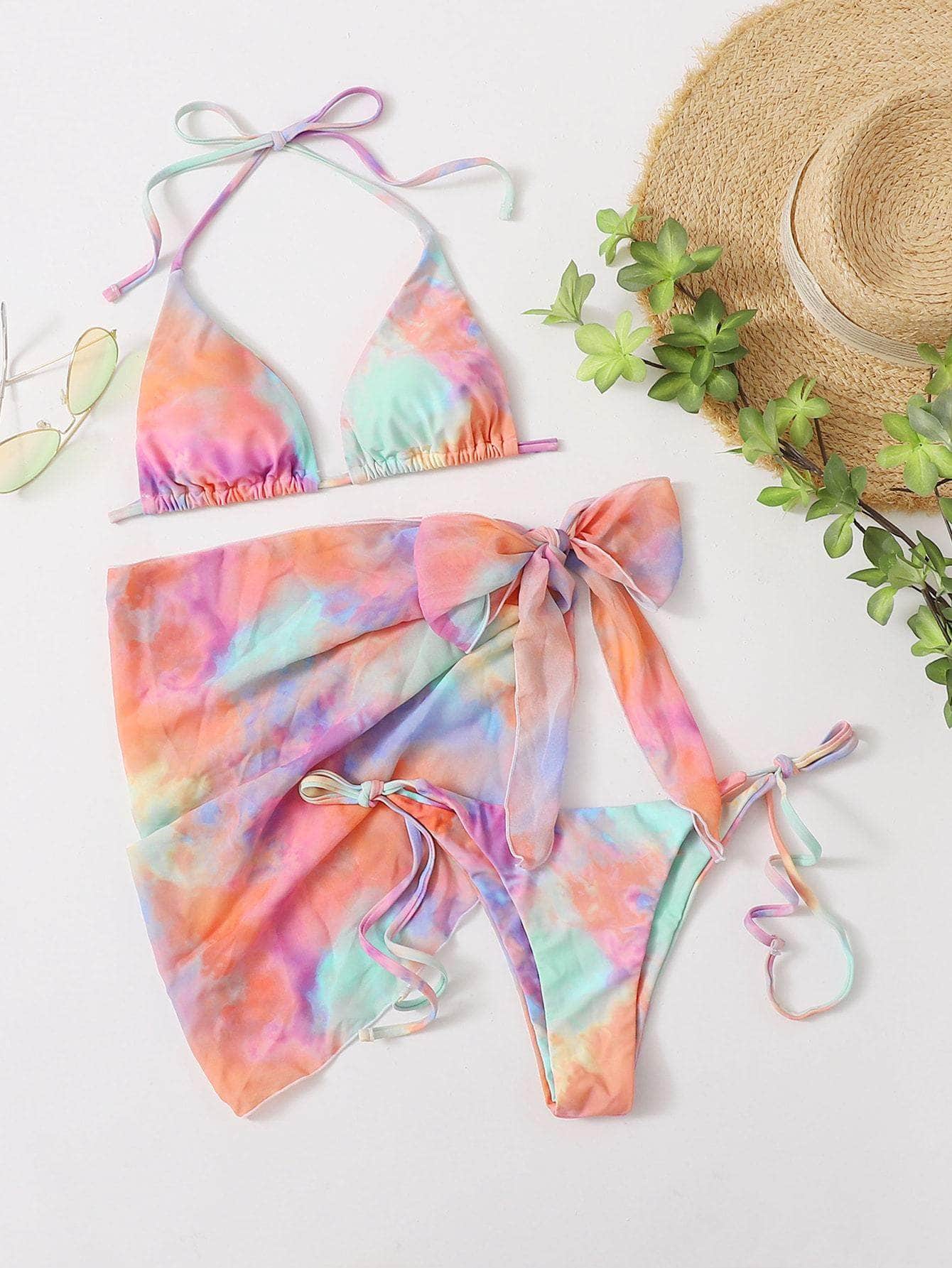 Multicolor / S 3 piezas vestido de baño bikini triángulo de tie dye con falda de playa