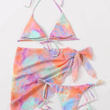 3 piezas vestido de baño bikini triángulo de tie dye con falda de playa