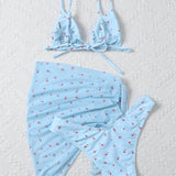 Azul / M 3 piezas vestido de baño bikini triángulo floral con falda de playa