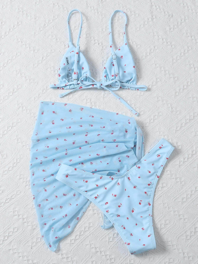 Azul / M 3 piezas vestido de baño bikini triángulo floral con falda de playa