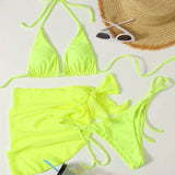 Neón/Fluorescente / S 3 piezas vestido de baño bikini triángulo neón con falda de playa