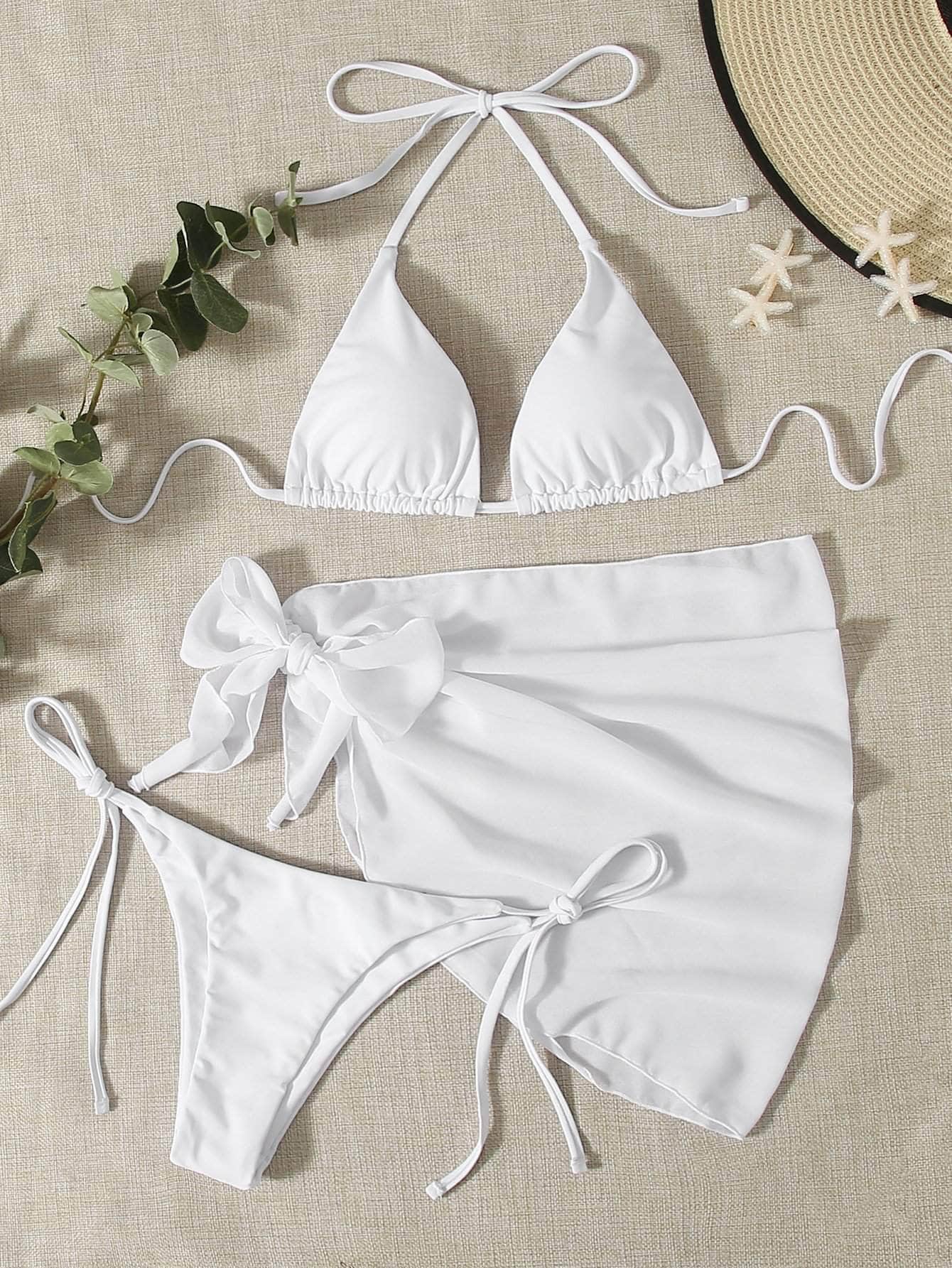 Blanco / S 3 piezas vestido de baño bikini triángulo neón con falda de playa