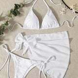 Blanco / L 3 piezas vestido de baño bikini triángulo neón con falda de playa