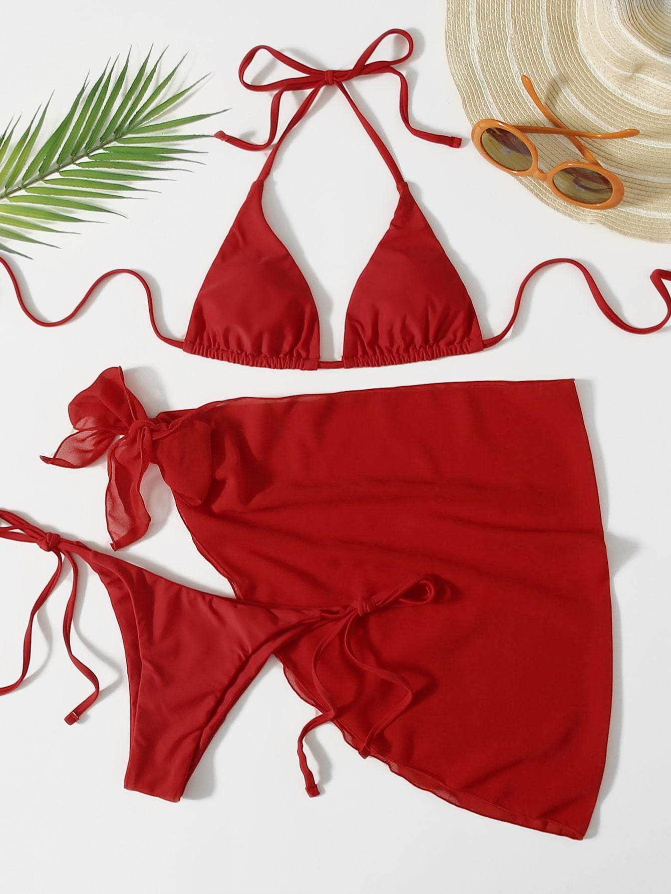 Rojo / S 3 piezas vestido de baño bikini triángulo neón con falda de playa