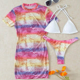 Multicolor 3 / S 3 piezas vestido de baño bikini triángulo pareo con malla