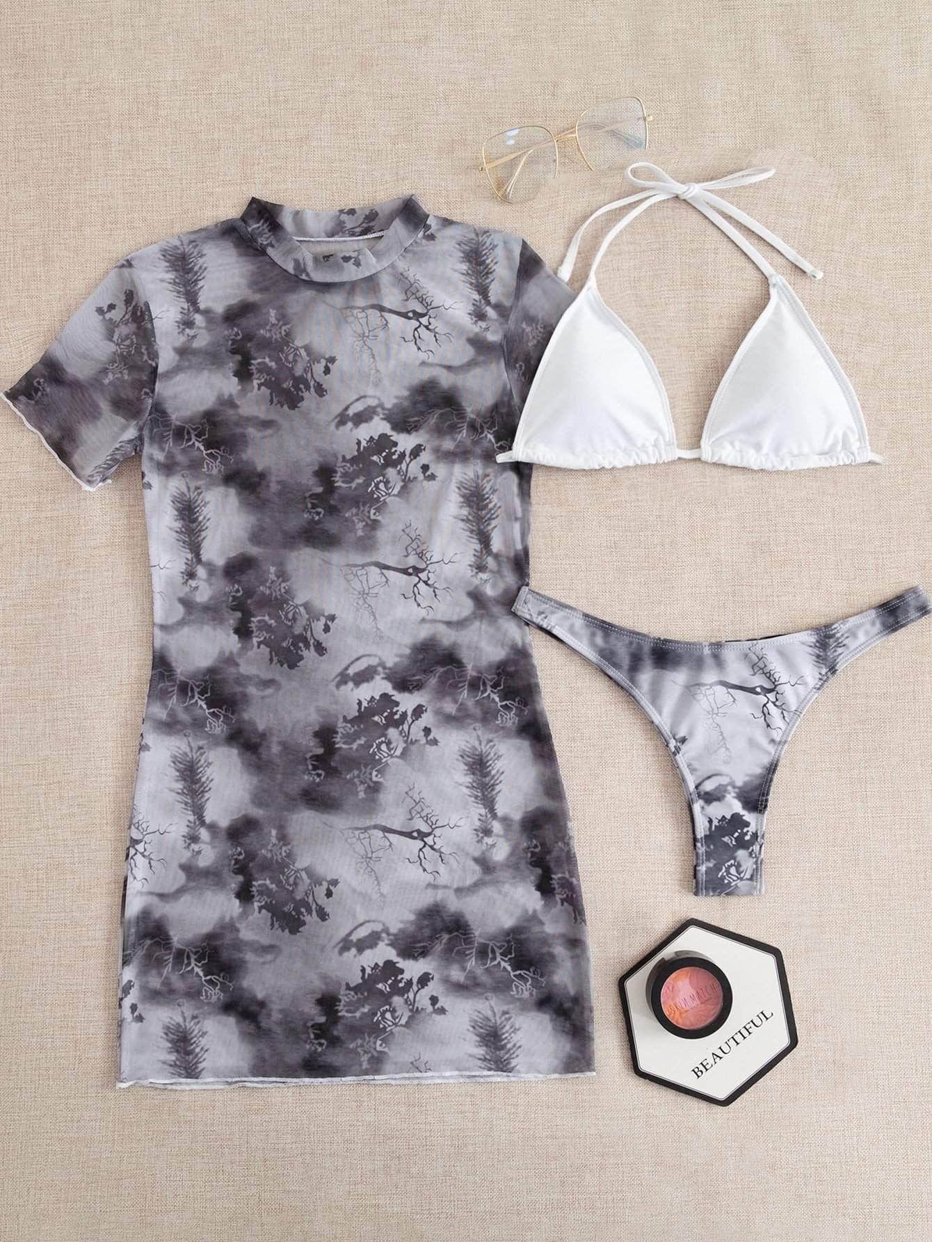 Blanco y Negro / S 3 piezas vestido de baño bikini triángulo pareo con malla