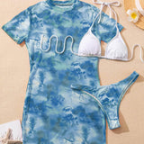 Azul y blanco / S 3 piezas vestido de baño bikini triángulo pareo con malla