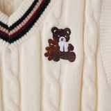 Chaleco de punto corto con patrón de oso ribete de rayas sin camiseta