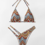 Vestido de baño bikini con tanga triángulo de rayas con abertura halter