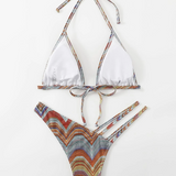 Vestido de baño bikini con tanga triángulo de rayas con abertura halter