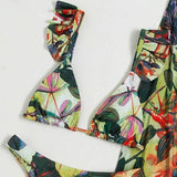 3 piezas vestido de baño bikini fruncido tropical con falda de playa