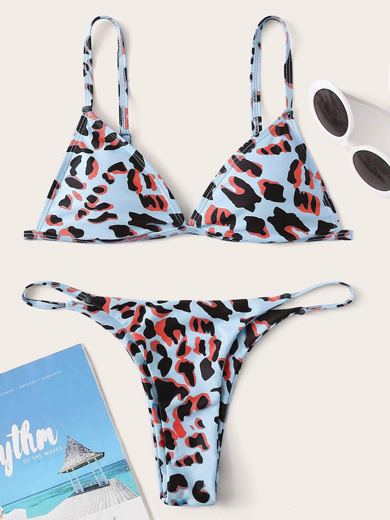 Azul / L Bikini tanga triángulo de leopardo