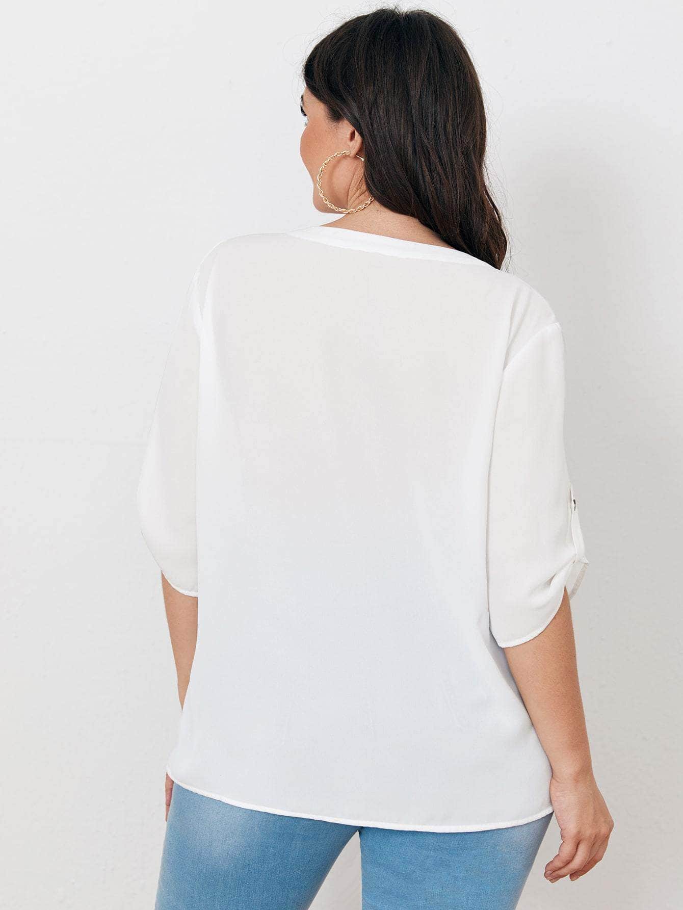 Blanco / 1XL Blusa de manga enrollada con botón tapeta con botón