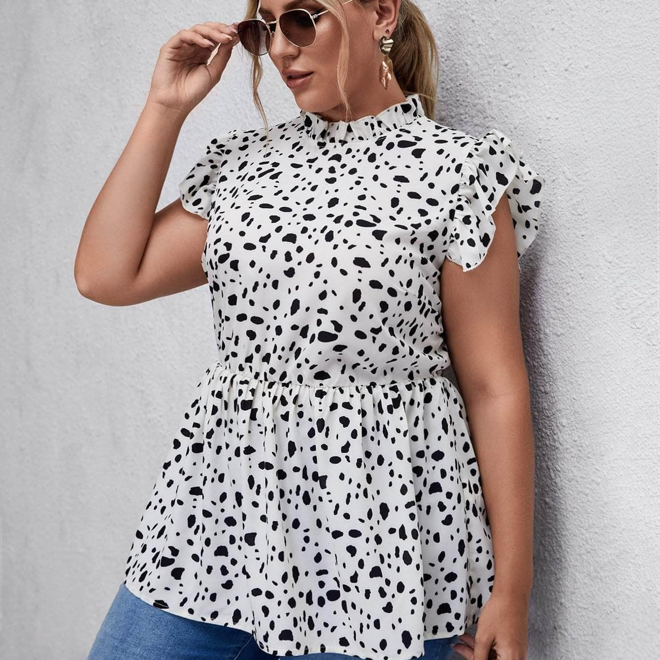 Blanco / 0XL Blusa peplum con estampado ribete con fruncido