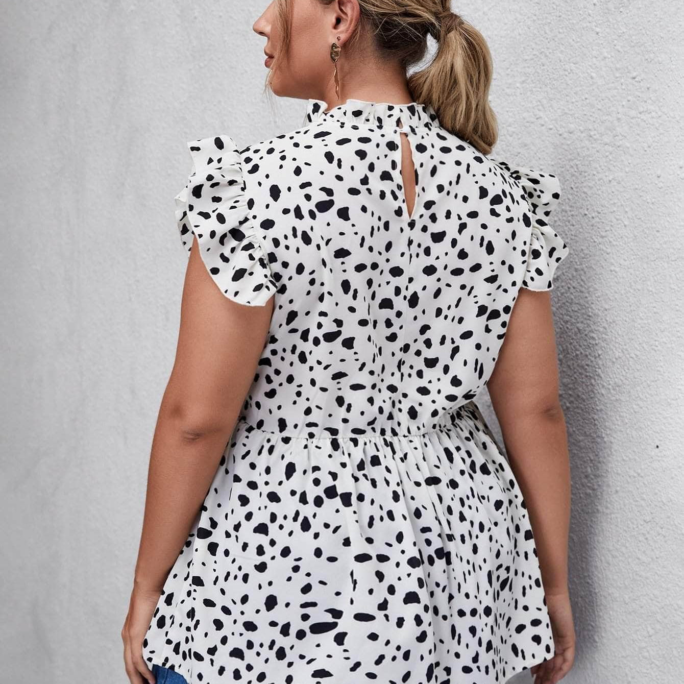 Blanco / 1XL Blusa peplum con estampado ribete con fruncido