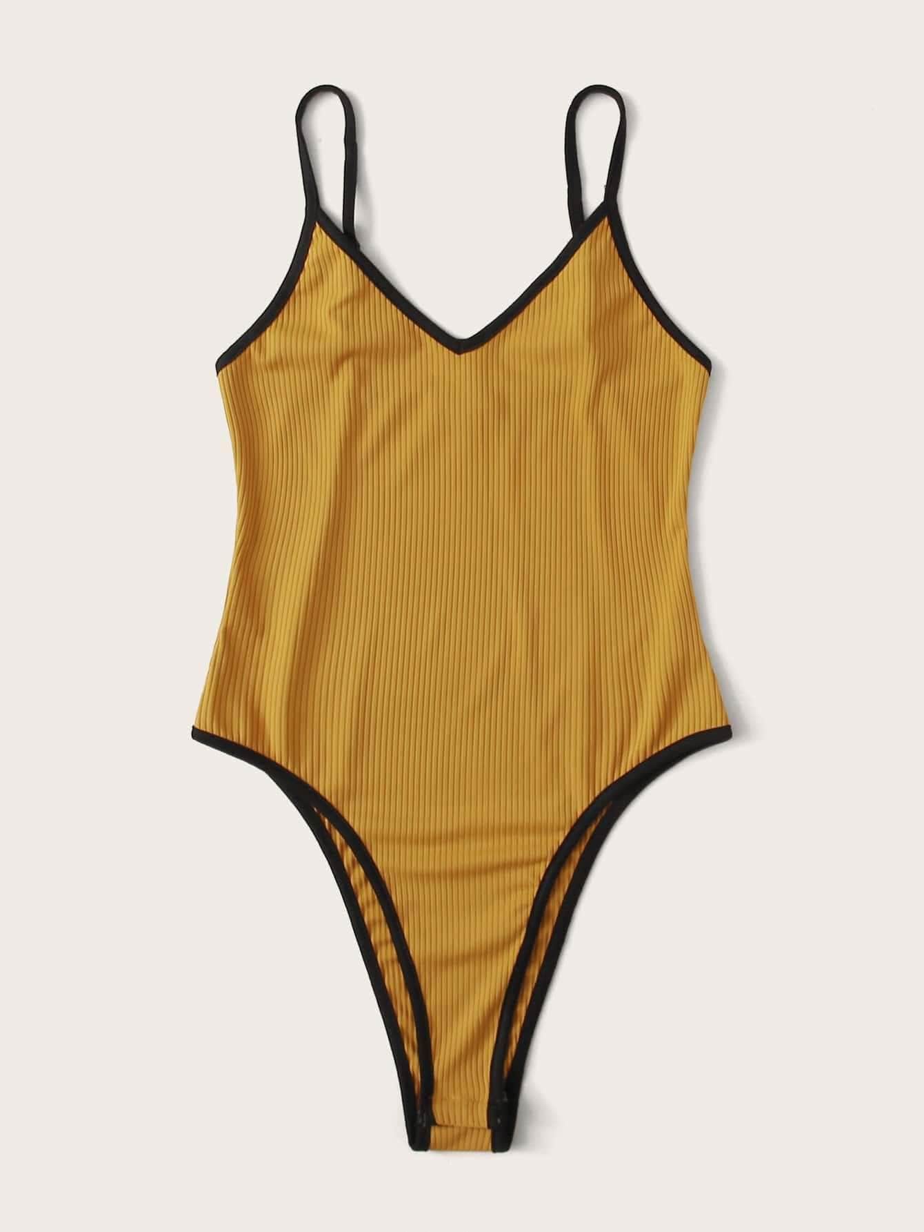 Amarillo / M Body de tirante tejido de canalé unido en contraste